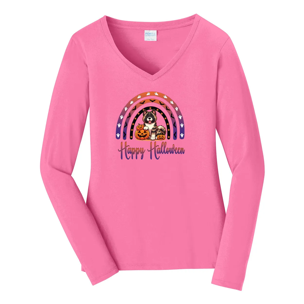 Akita Halloween Ladies Long Sleeve V-Neck Tee