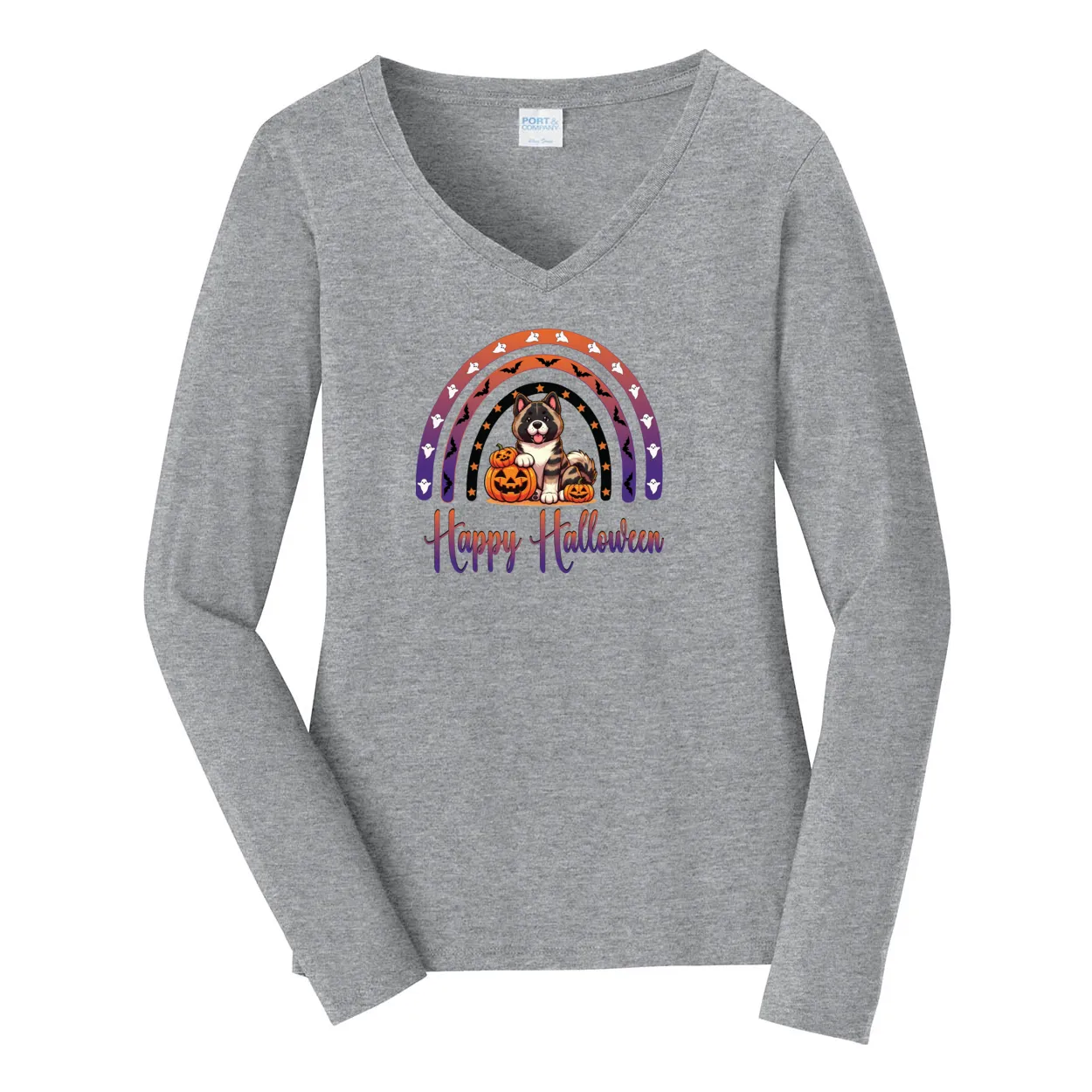 Akita Halloween Ladies Long Sleeve V-Neck Tee
