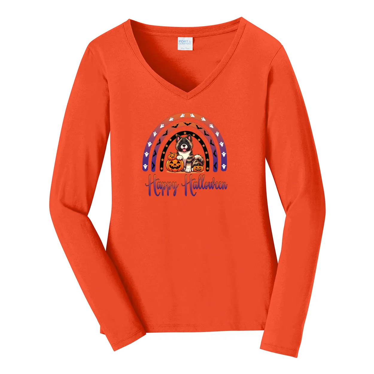 Akita Halloween Ladies Long Sleeve V-Neck Tee