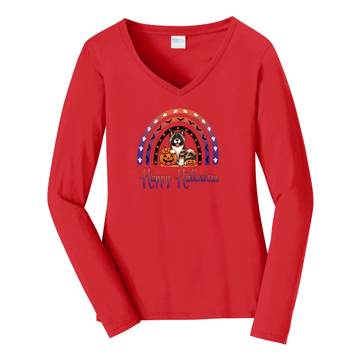 Akita Halloween Ladies Long Sleeve V-Neck Tee