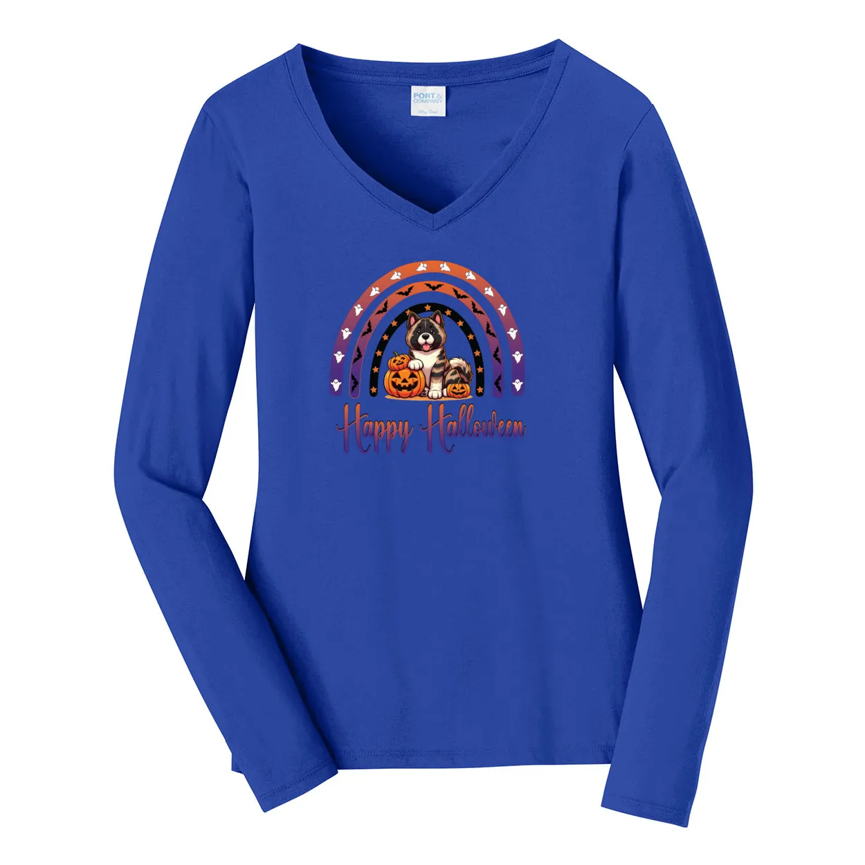 Akita Halloween Ladies Long Sleeve V-Neck Tee