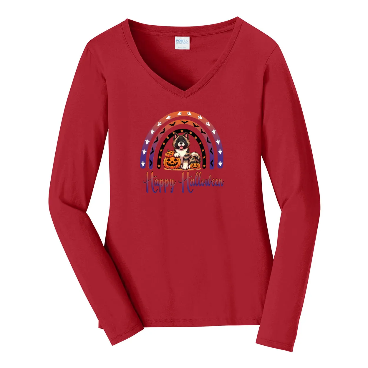 Akita Halloween Ladies Long Sleeve V-Neck Tee