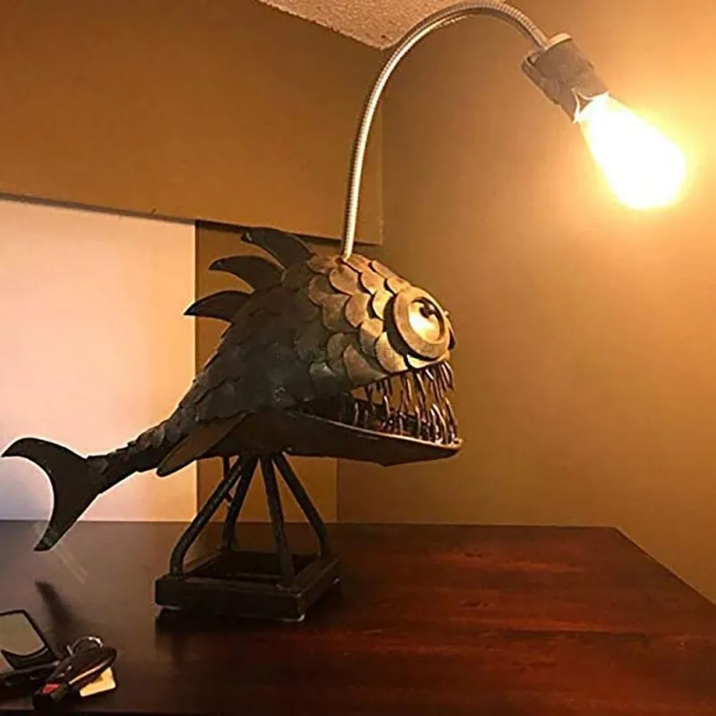 Artistic Angler Fish Night Light - Flexible Lamp Head Table Lamps for Cafe, Bar, Home Art - Retro USB Decorative Ornaments