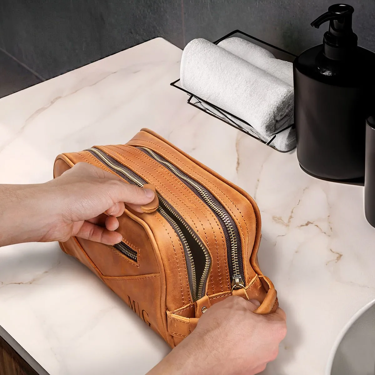 Beckham Mens Toiletry Bag - Monogrammed Brown Saddle Leather Multi-Pocket Dopp Kit