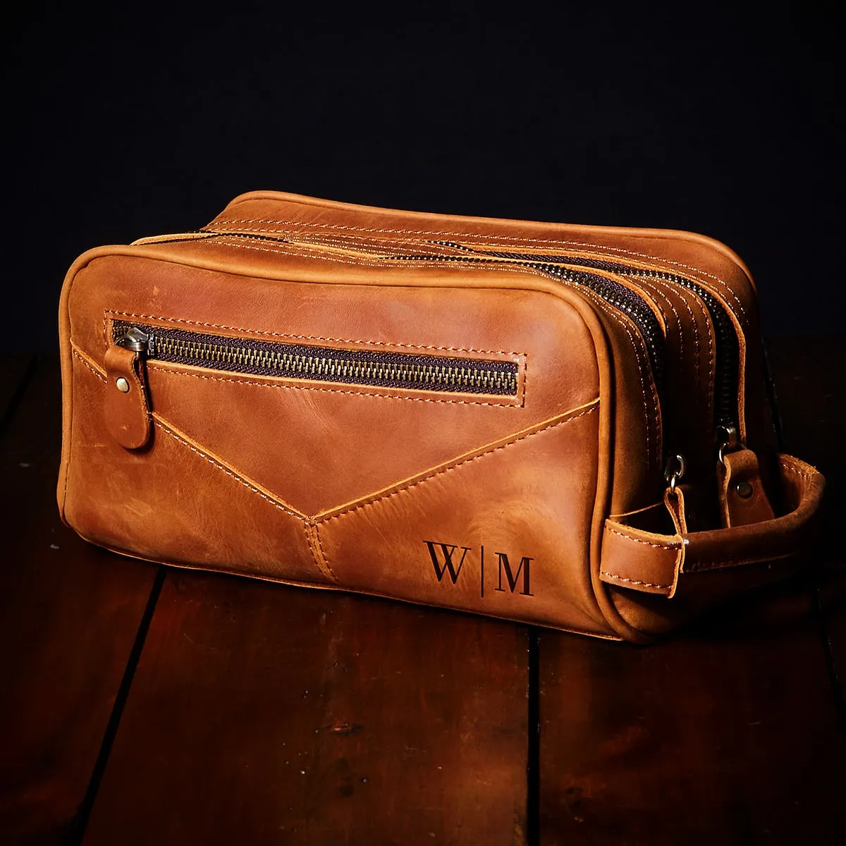 Beckham Mens Toiletry Bag - Monogrammed Brown Saddle Leather Multi-Pocket Dopp Kit