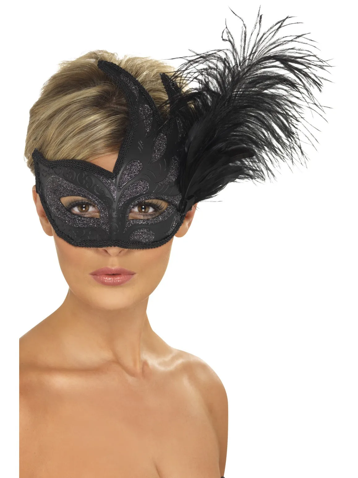 Black Ornate Colombina Feather Mask