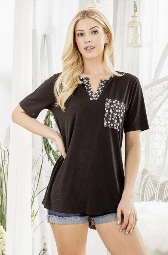 Black Top w/Floral Neckline & Pocket - #7290-7295