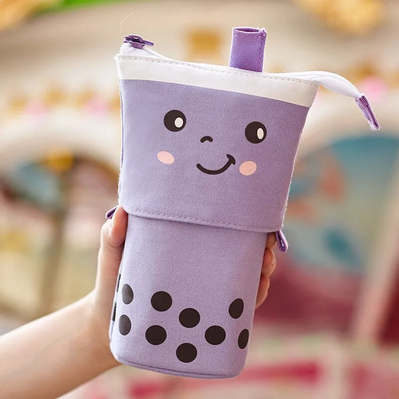 BLUE VELVET Milk Tea Boba Retractable Standing Pen Case Pencil Case Retractable Case Storage Case Pencil Case | 170mm X 120mm X 60mm X 45mm