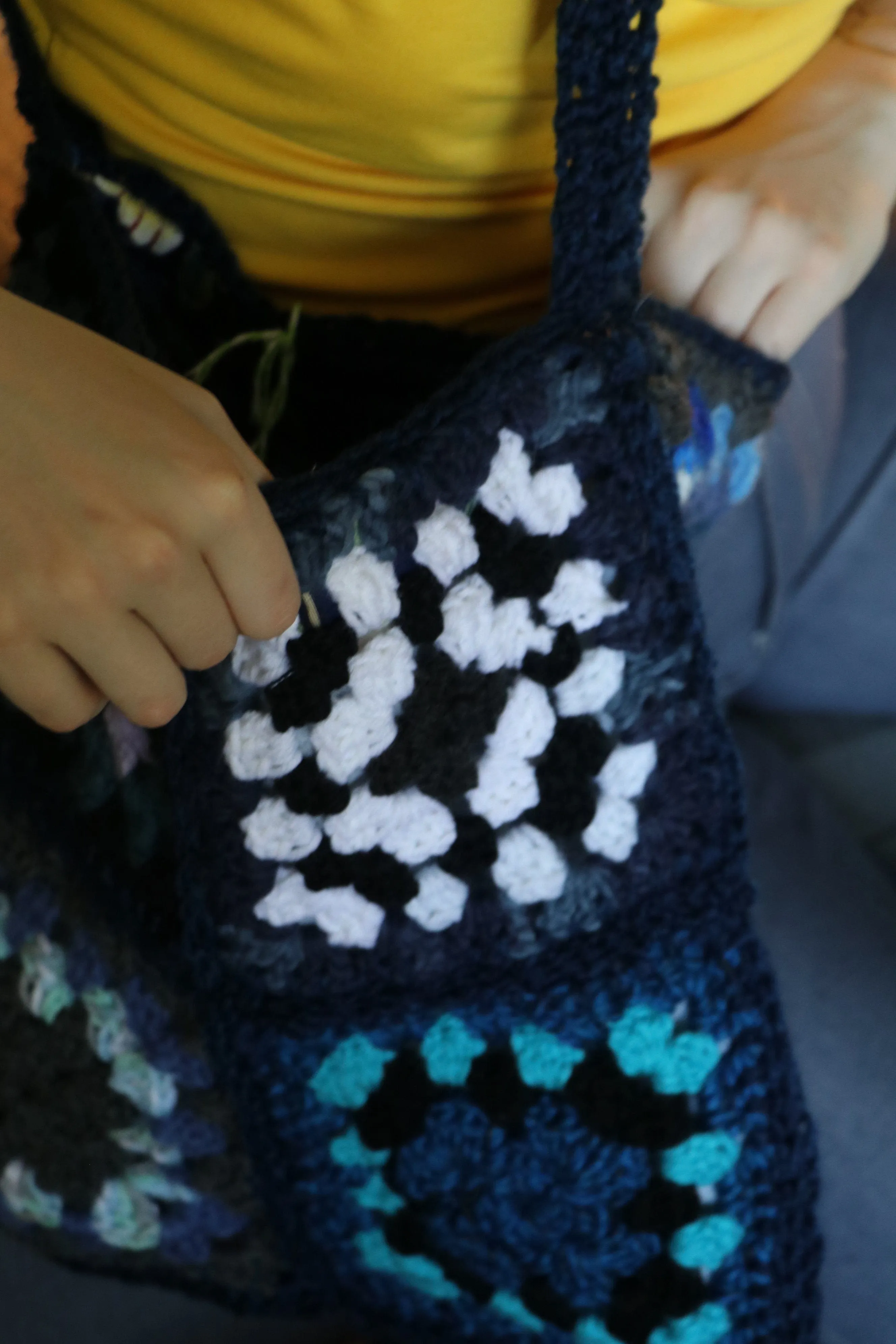 Carol Myer Crochet Crossover Bag  - Blue & White