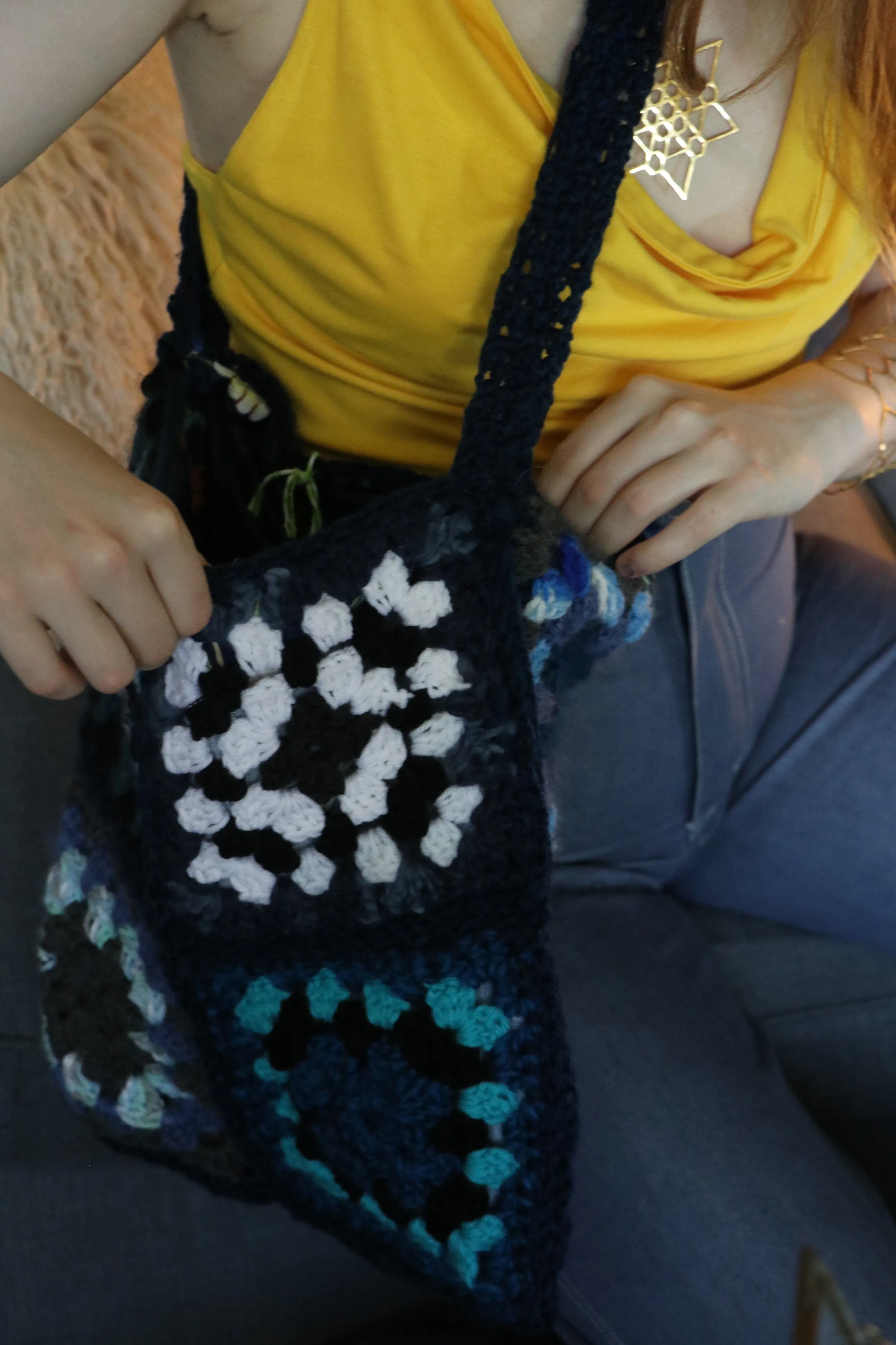 Carol Myer Crochet Crossover Bag  - Blue & White