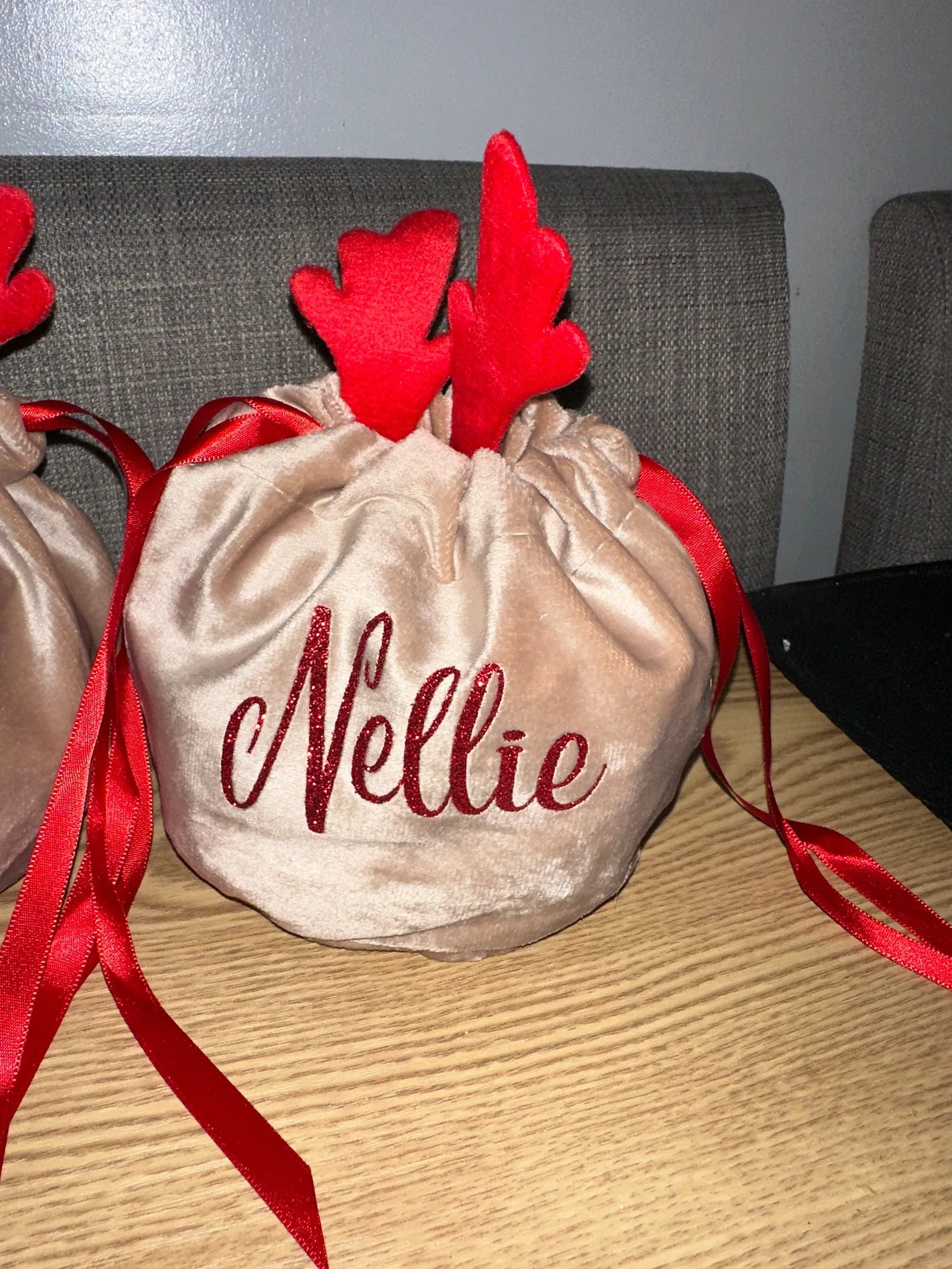 Christmas gift bag - velvet reindeer pouch bag - drawstring - personalised - Christmas bag with name - Christmas Eve