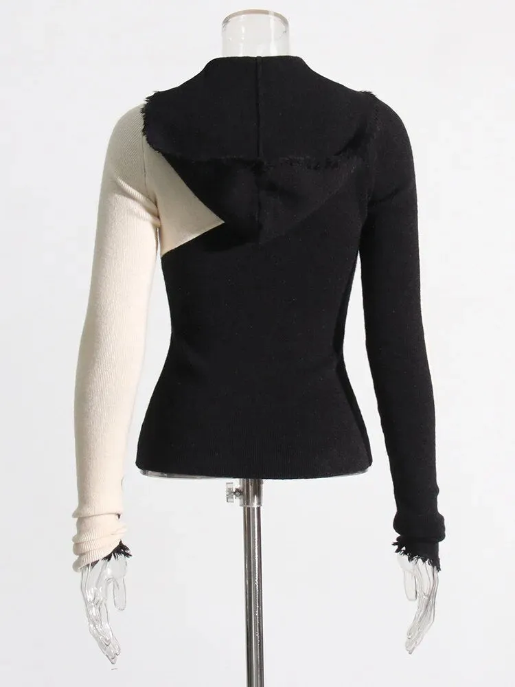 Colorblock Slimming Knitting Sweaters For Women Hooded Long Sleeve Hollow Out Temperament Sweater Female Fashion