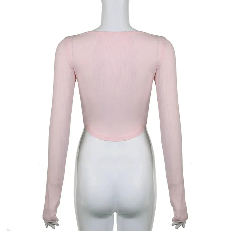 Coquette Pink Knit Autumn Tee Shirt Women Lace Trim Slim Korean Tops Short Front Tie-Up Cutecore Sweet T shirt Kawaii