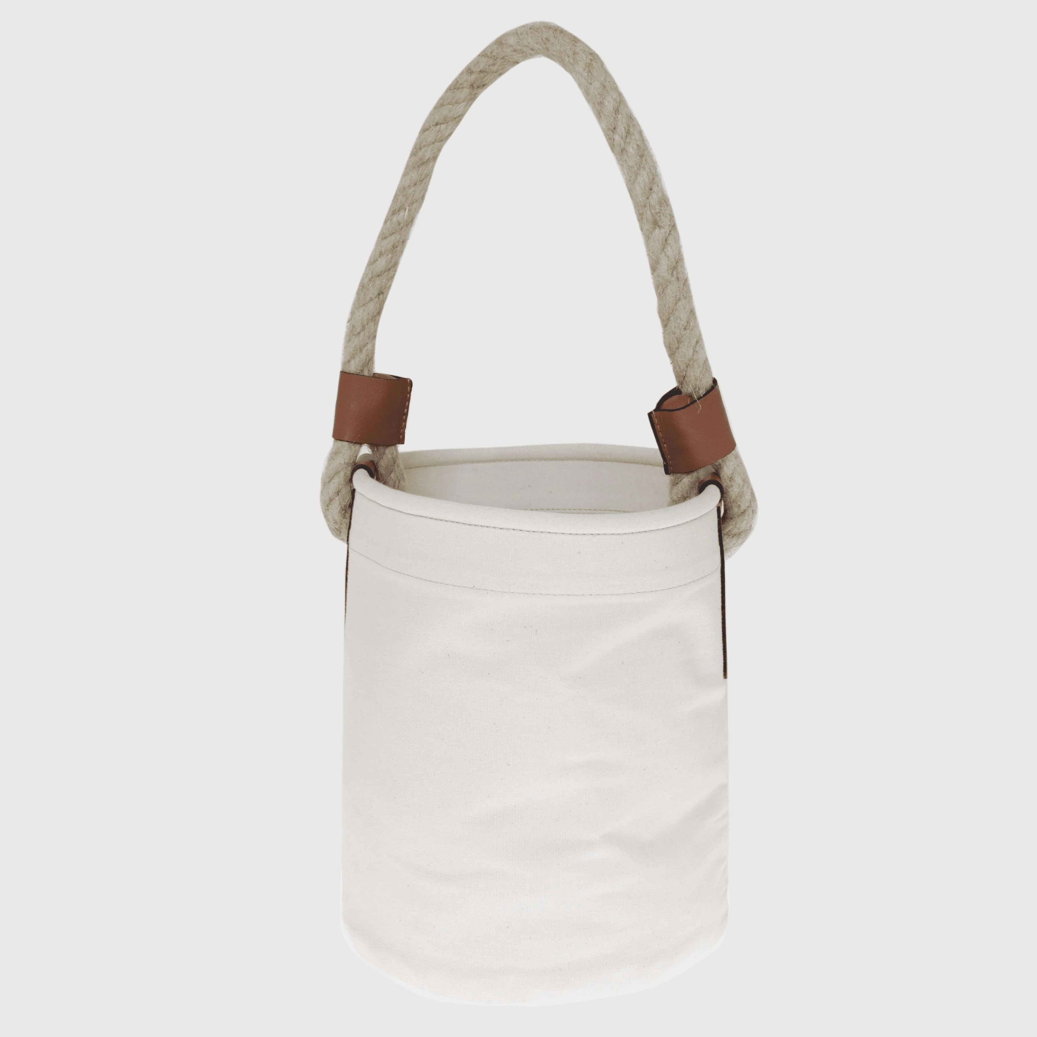Cream Leather-Trimmed Rope Bucket Bag