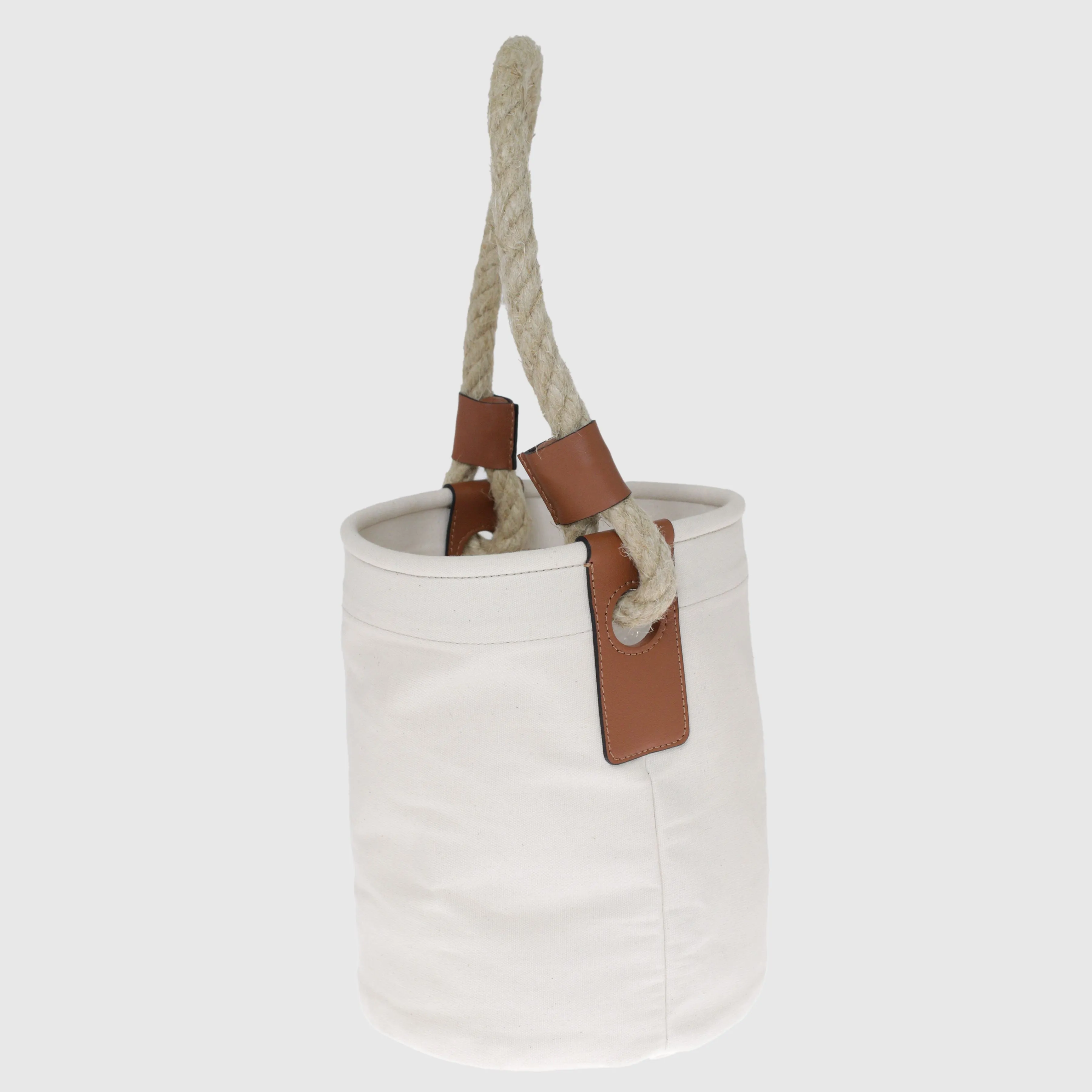 Cream Leather-Trimmed Rope Bucket Bag