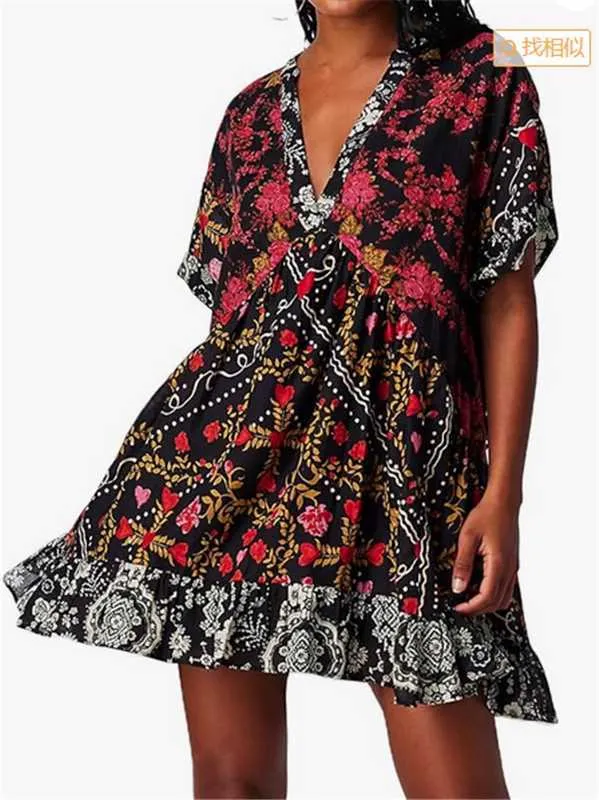 DEANWAQNGKT  Cross-Border European and American Independent Station Spring and Summer Women's Clothing Multi-Color Printed Striped Short Sleeve V-neck Dress