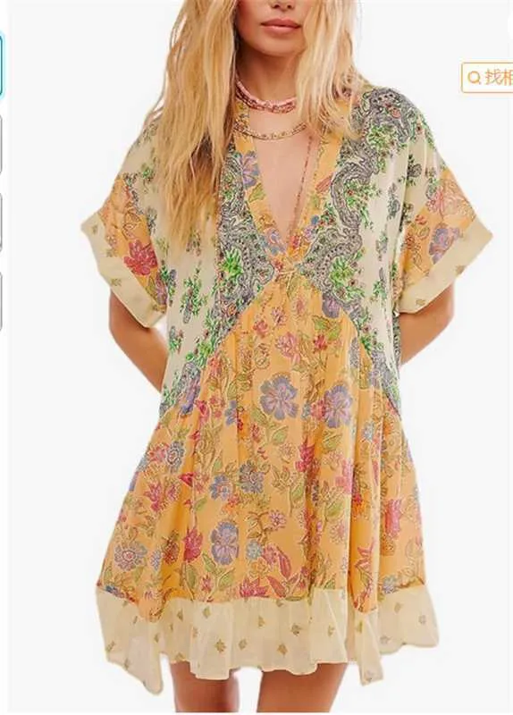 DEANWAQNGKT  Cross-Border European and American Independent Station Spring and Summer Women's Clothing Multi-Color Printed Striped Short Sleeve V-neck Dress