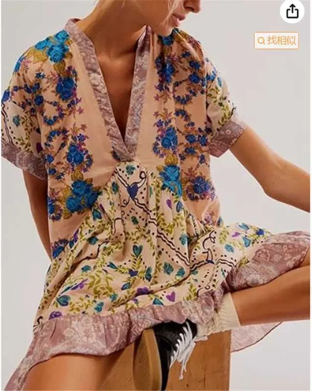 DEANWAQNGKT  Cross-Border European and American Independent Station Spring and Summer Women's Clothing Multi-Color Printed Striped Short Sleeve V-neck Dress