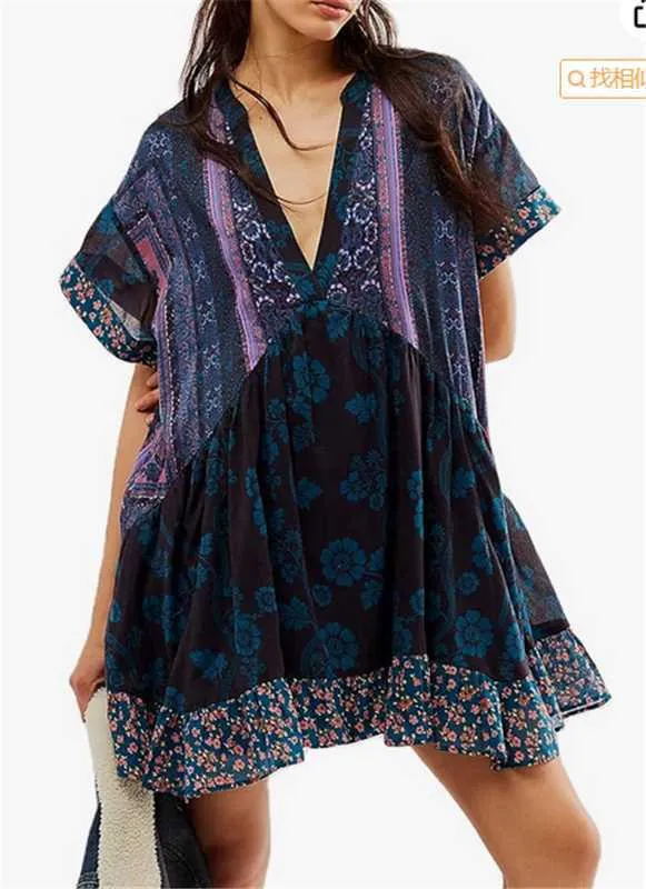 DEANWAQNGKT  Cross-Border European and American Independent Station Spring and Summer Women's Clothing Multi-Color Printed Striped Short Sleeve V-neck Dress