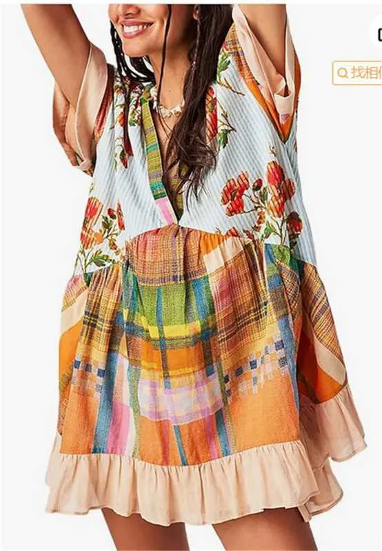 DEANWAQNGKT  Cross-Border European and American Independent Station Spring and Summer Women's Clothing Multi-Color Printed Striped Short Sleeve V-neck Dress