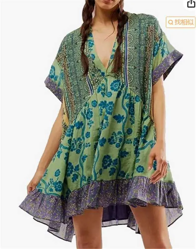 DEANWAQNGKT  Cross-Border European and American Independent Station Spring and Summer Women's Clothing Multi-Color Printed Striped Short Sleeve V-neck Dress