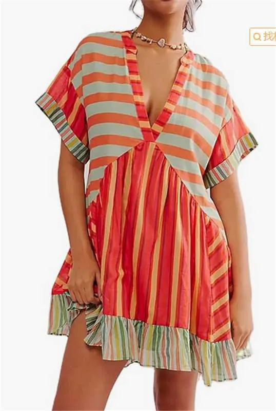 DEANWAQNGKT  Cross-Border European and American Independent Station Spring and Summer Women's Clothing Multi-Color Printed Striped Short Sleeve V-neck Dress