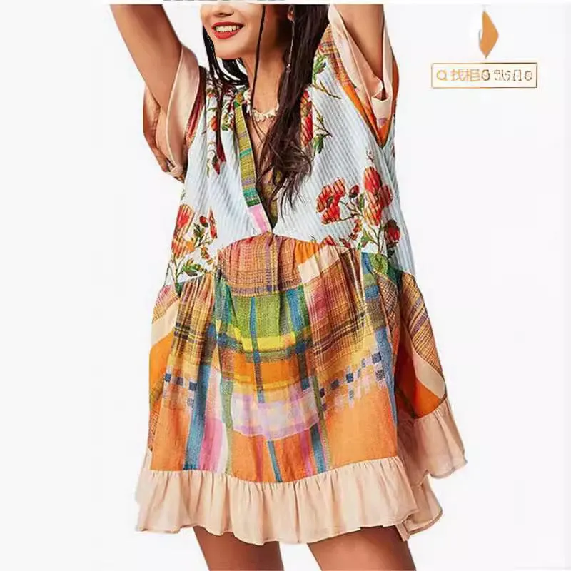 DEANWAQNGKT  Cross-Border European and American Independent Station Spring and Summer Women's Clothing Multi-Color Printed Striped Short Sleeve V-neck Dress
