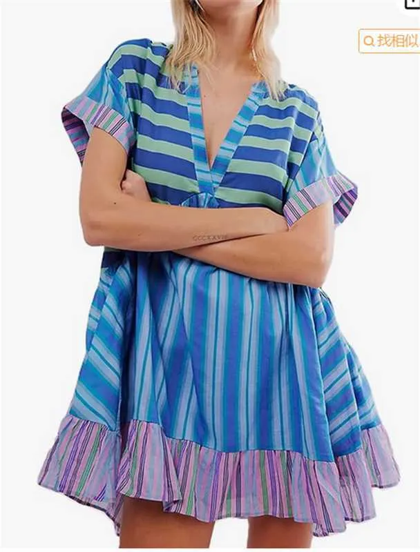 DEANWAQNGKT  Cross-Border European and American Independent Station Spring and Summer Women's Clothing Multi-Color Printed Striped Short Sleeve V-neck Dress