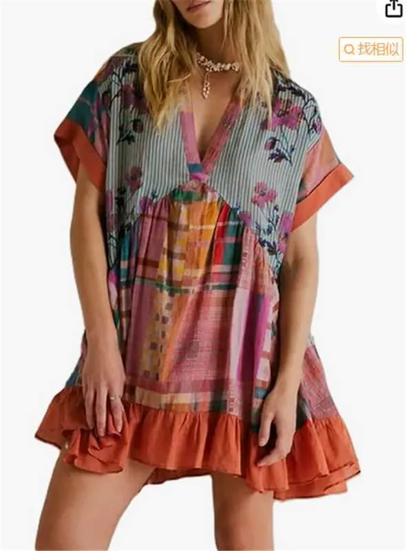 DEANWAQNGKT  Cross-Border European and American Independent Station Spring and Summer Women's Clothing Multi-Color Printed Striped Short Sleeve V-neck Dress