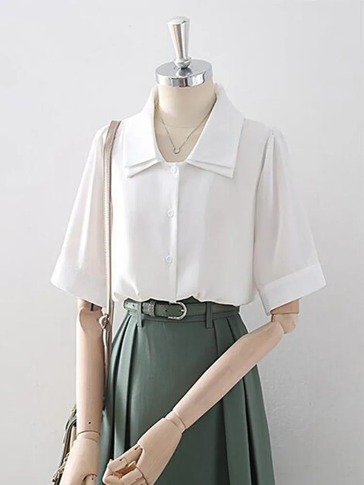 Design Double Turn Down Collar Women White Shirts Short Sleeve Summer Button Up OL Shirts Korean Casual Chiffon Female Tops