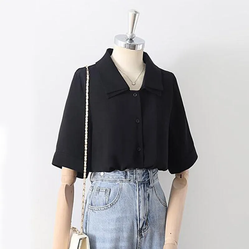 Design Double Turn Down Collar Women White Shirts Short Sleeve Summer Button Up OL Shirts Korean Casual Chiffon Female Tops