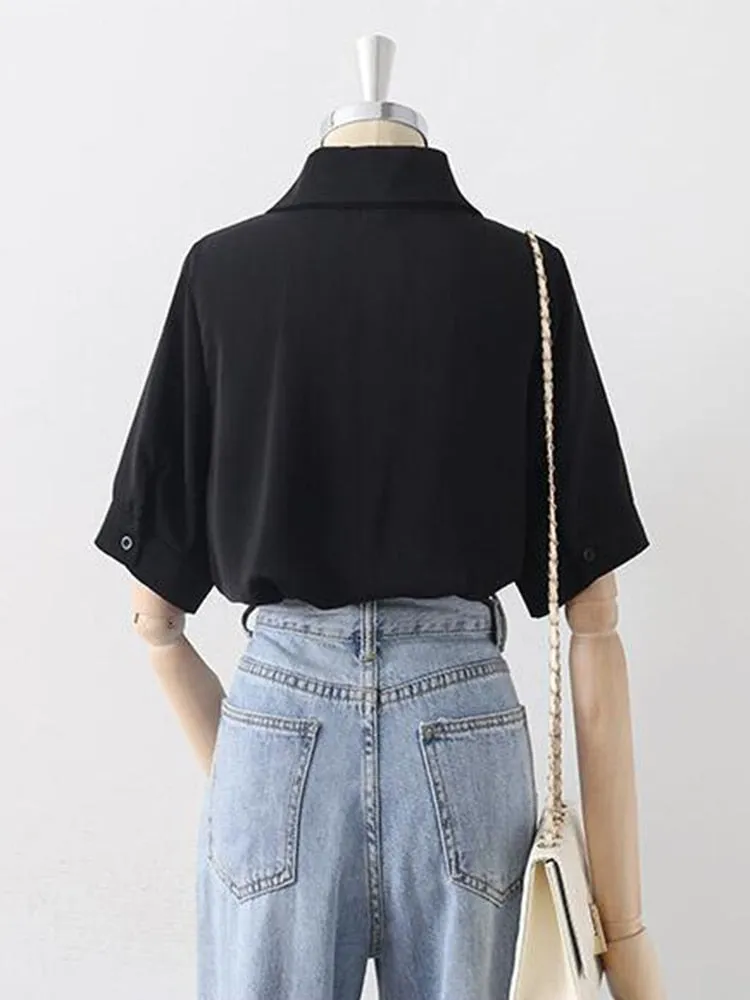 Design Double Turn Down Collar Women White Shirts Short Sleeve Summer Button Up OL Shirts Korean Casual Chiffon Female Tops