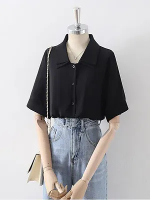 Design Double Turn Down Collar Women White Shirts Short Sleeve Summer Button Up OL Shirts Korean Casual Chiffon Female Tops