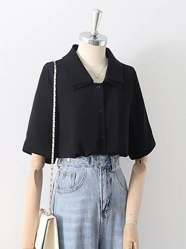 Design Double Turn Down Collar Women White Shirts Short Sleeve Summer Button Up OL Shirts Korean Casual Chiffon Female Tops