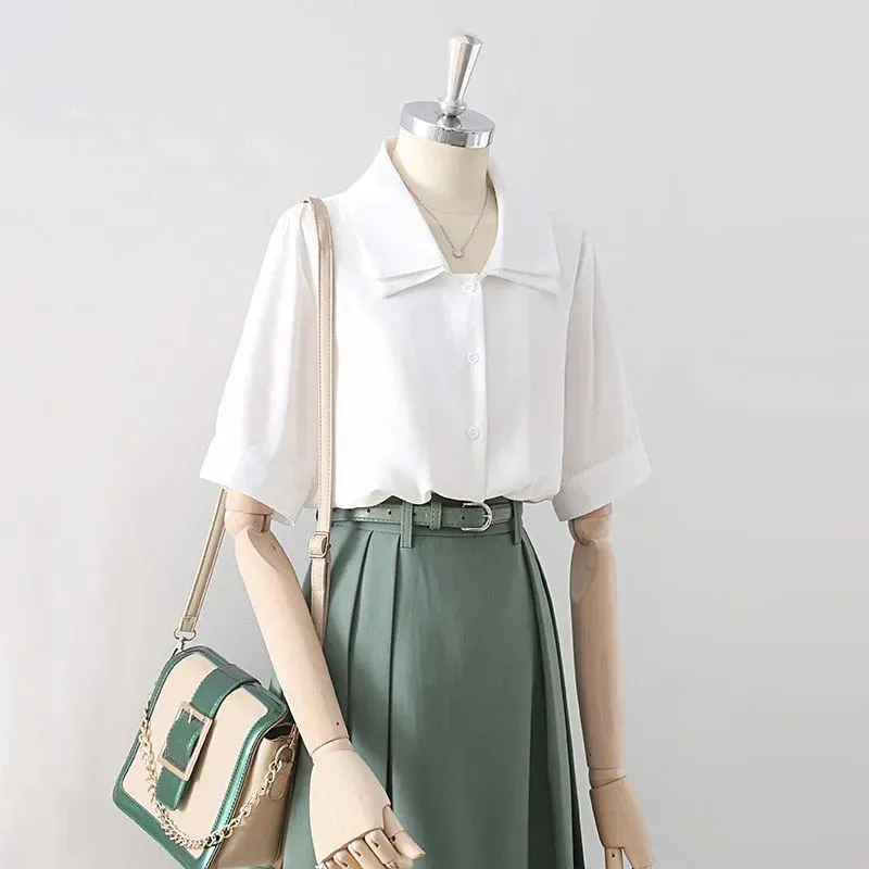 Design Double Turn Down Collar Women White Shirts Short Sleeve Summer Button Up OL Shirts Korean Casual Chiffon Female Tops