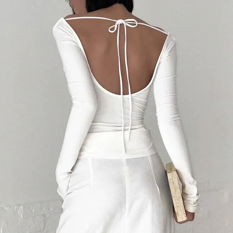Fashion Chic Slash Neck T shirt Women Long Sleeve Slim White Elegant Autumn Tee Shirts Backless Tie Up Top All-Match