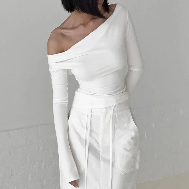 Fashion Chic Slash Neck T shirt Women Long Sleeve Slim White Elegant Autumn Tee Shirts Backless Tie Up Top All-Match