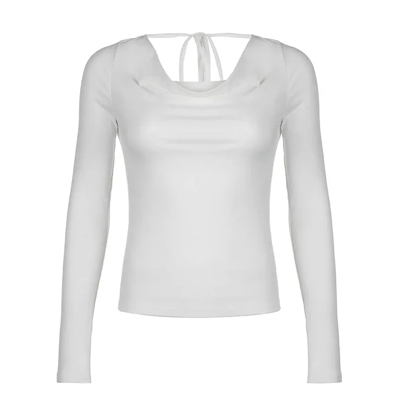 Fashion Chic Slash Neck T shirt Women Long Sleeve Slim White Elegant Autumn Tee Shirts Backless Tie Up Top All-Match