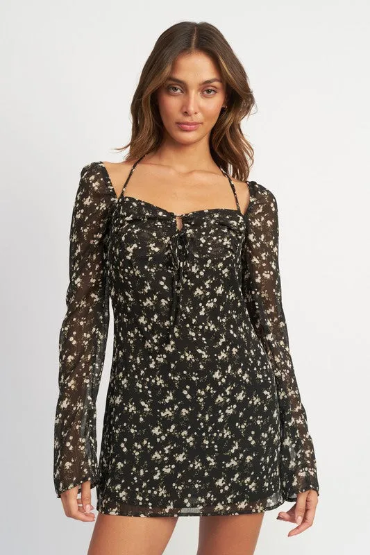 Floral Long Sleeve Dress with Halter