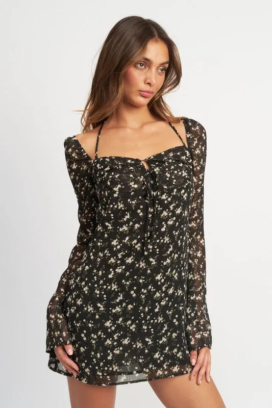 Floral Long Sleeve Dress with Halter