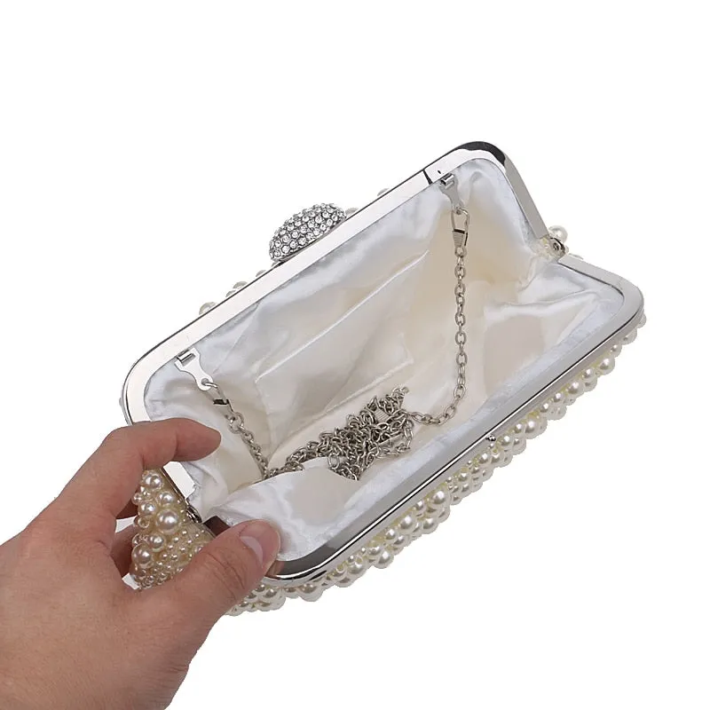 full imitation pearls rhinestone hasp lock shell shaped clutch bag