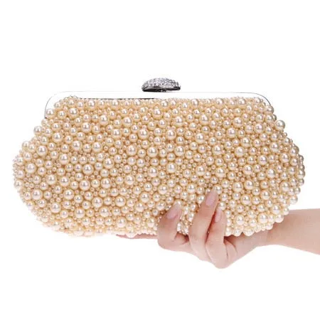full imitation pearls rhinestone hasp lock shell shaped clutch bag