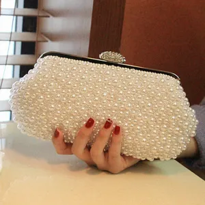 full imitation pearls rhinestone hasp lock shell shaped clutch bag