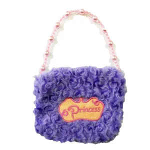 Girls Purple Princess Crown Applique Pearl Shoulder Strap Velvet Purse