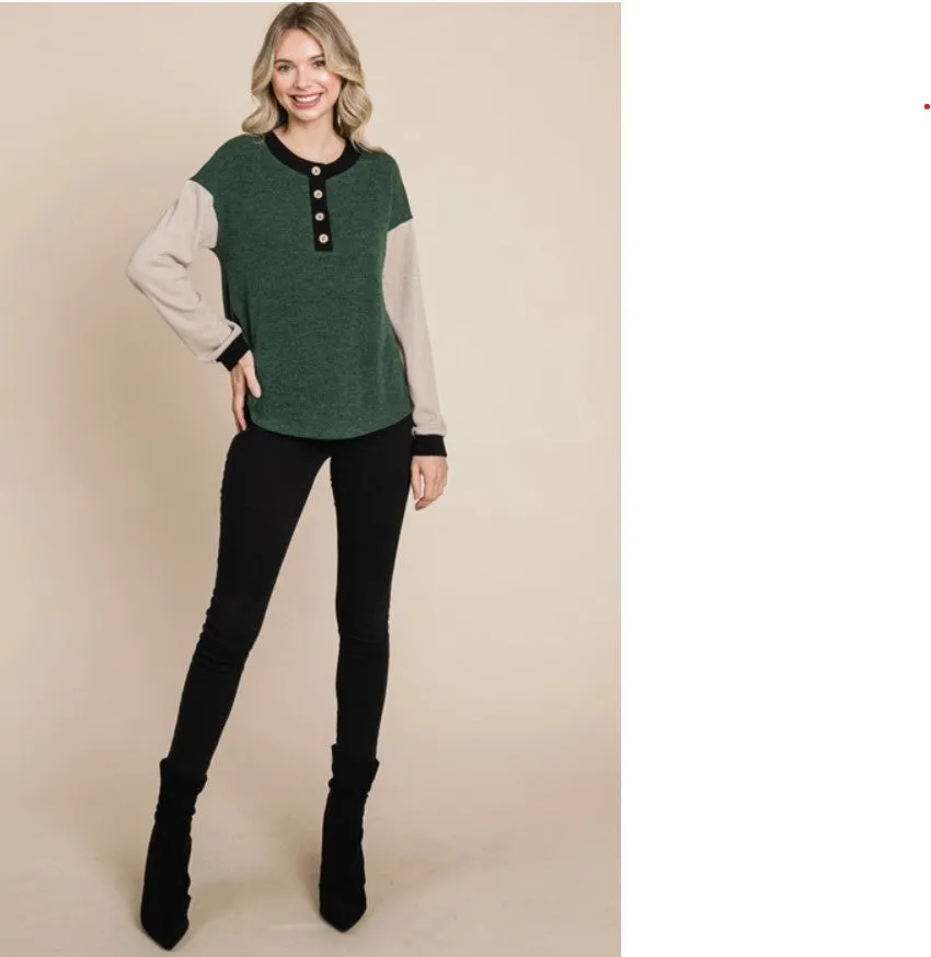 Green Causal Knit Top w/Front Button Detail - #6332-6337