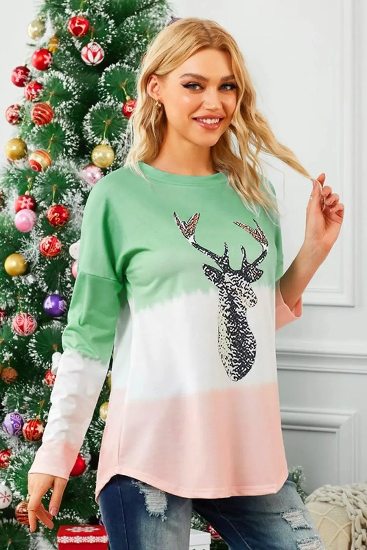 Green Reindeer Print Gradient Colorblock Sweatshirt