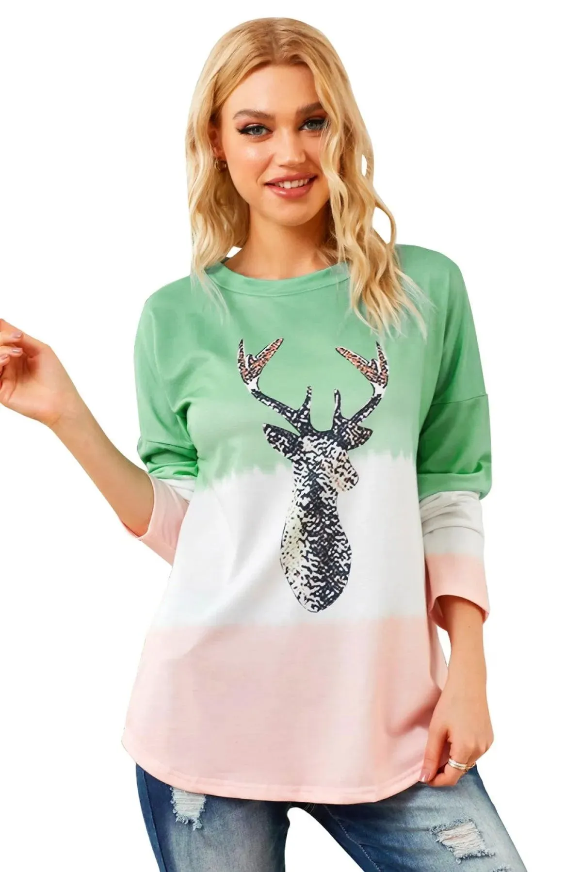 Green Reindeer Print Gradient Colorblock Sweatshirt