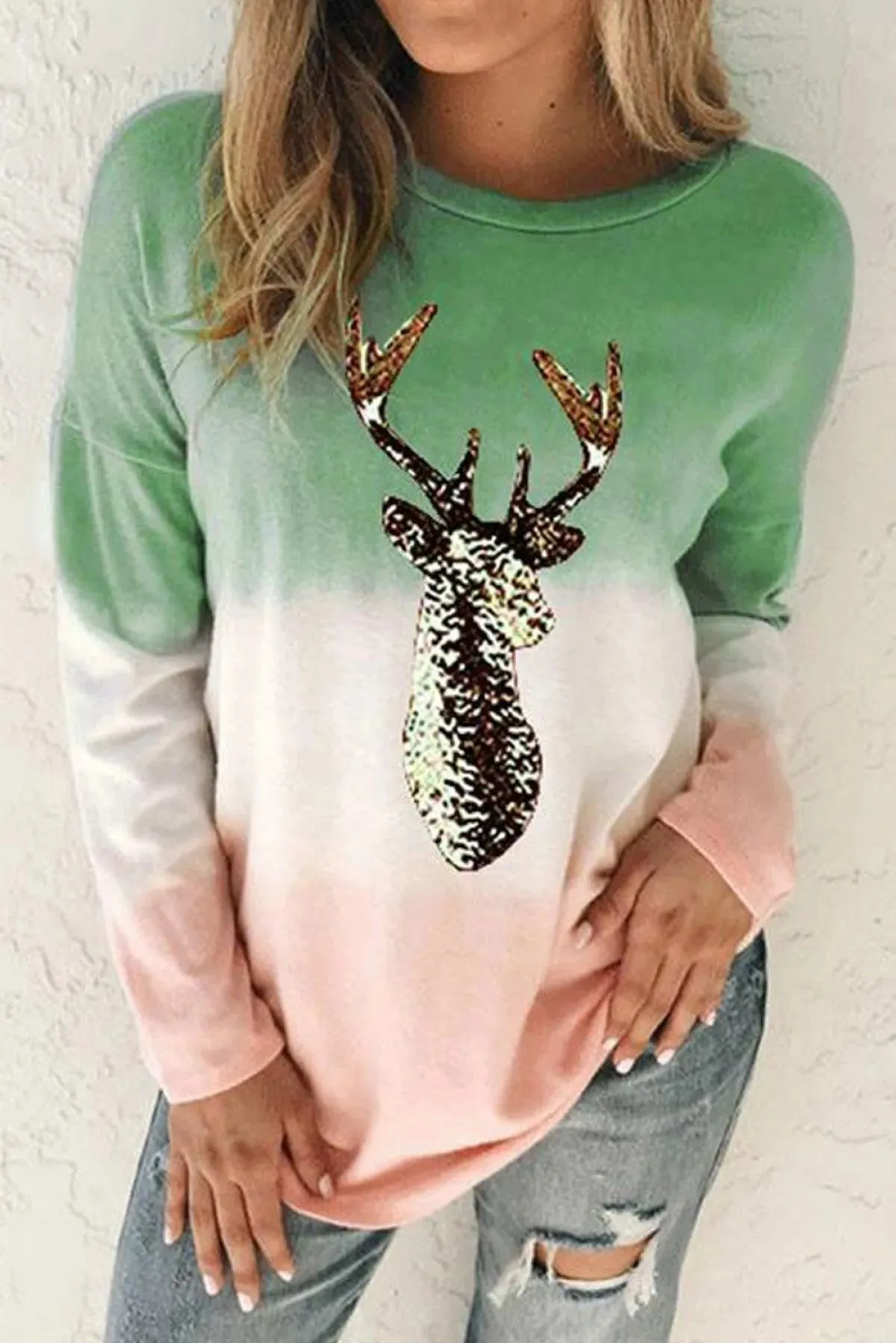 Green Reindeer Print Gradient Colorblock Sweatshirt