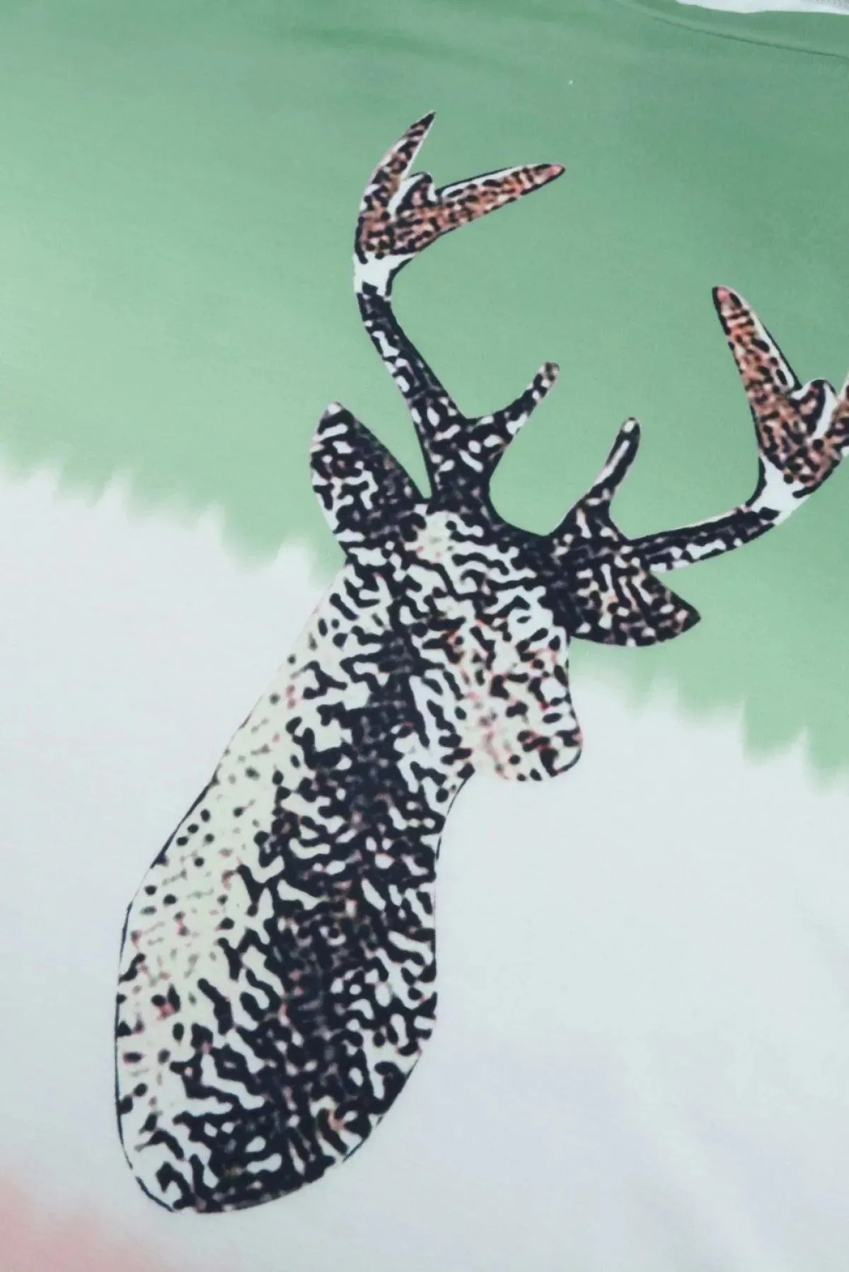 Green Reindeer Print Gradient Colorblock Sweatshirt