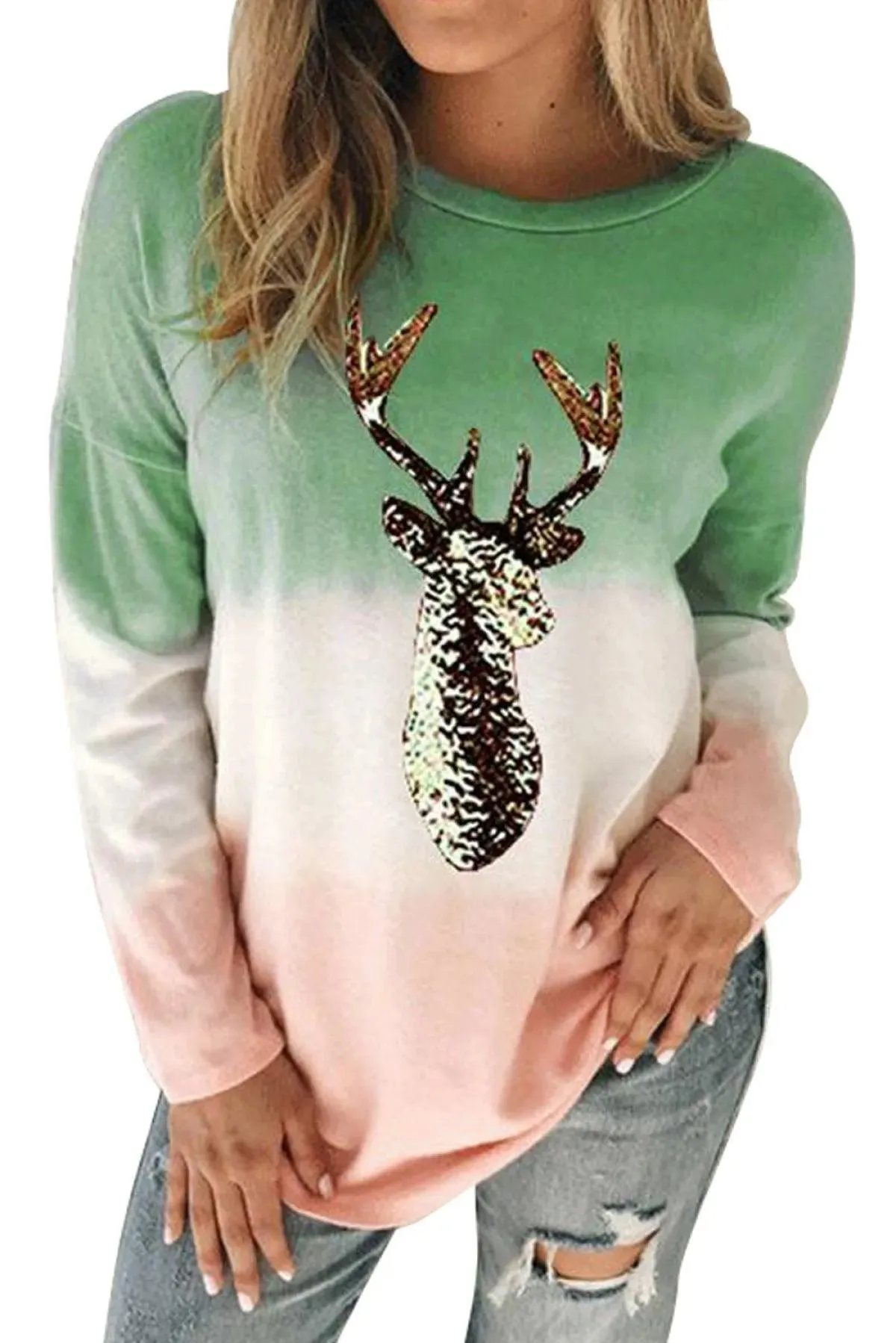 Green Reindeer Print Gradient Colorblock Sweatshirt